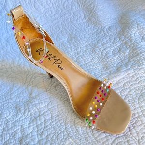 Wild Pair Nude Patent Heel Sandal with Multicolor Studs